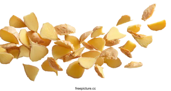 [Transparent Background PNG]Flying Ginger Slices Isolated on White Background
