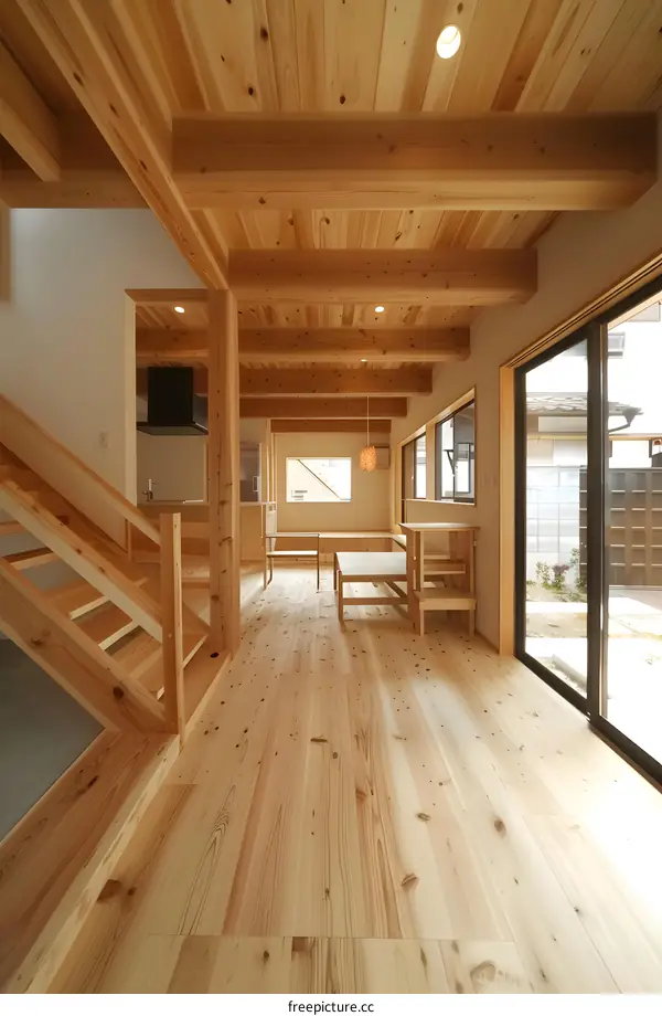 Wooden Floor Interior Design With Staircase And Windows