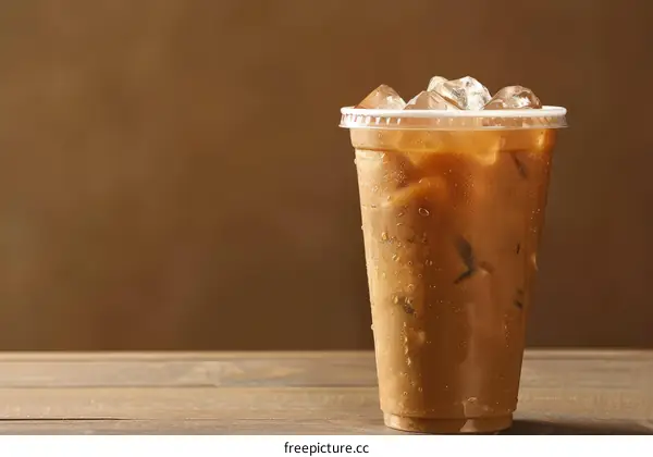 Iced coffee in a plastic cup on a wooden table