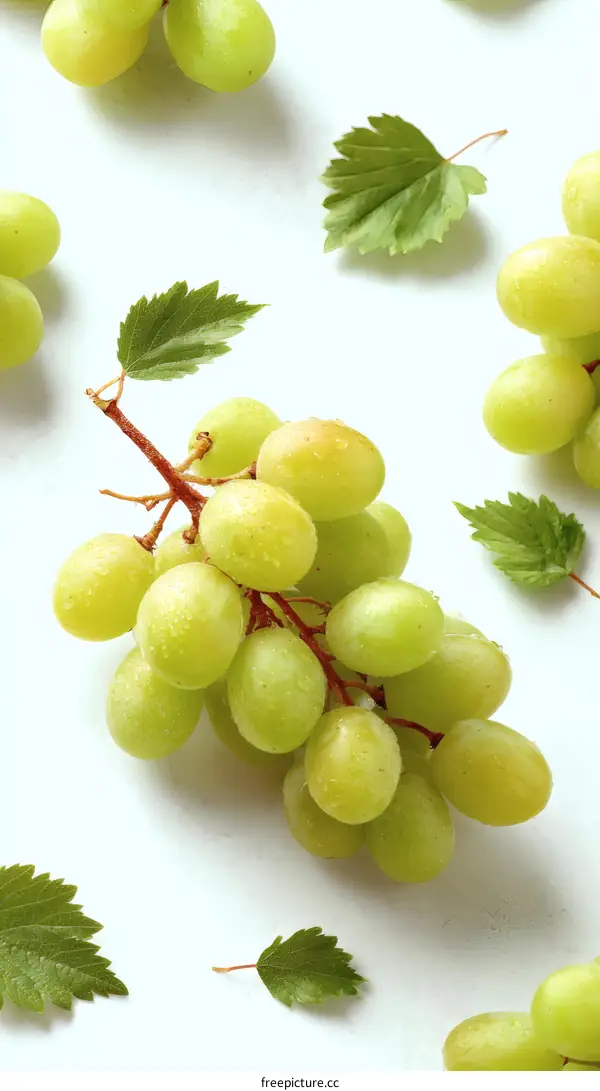 Fresh Green Grapes with Leaves on White Background