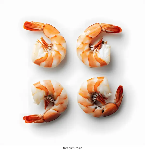 Four Cooked Shrimps on a White Background