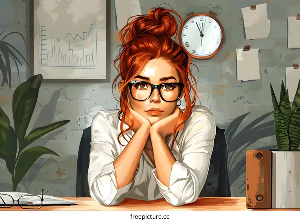 portrait of a beautiful redheaded woman wearing glasses and a white shirt