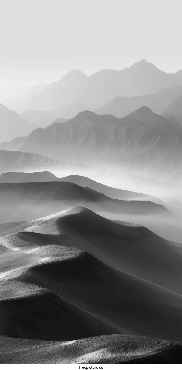 Black and white desert landscape with sand dunes and mountains in the distance