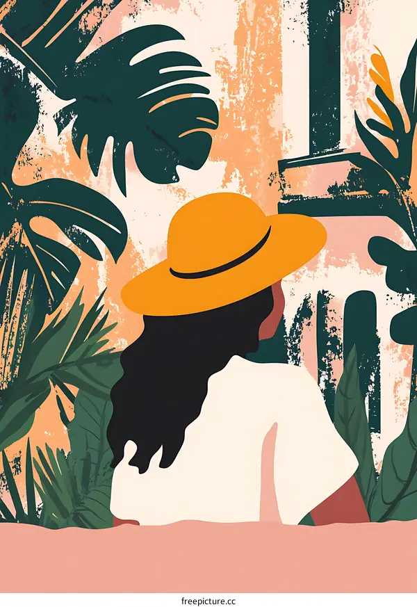 Woman In Tropical Leaves And A Hat