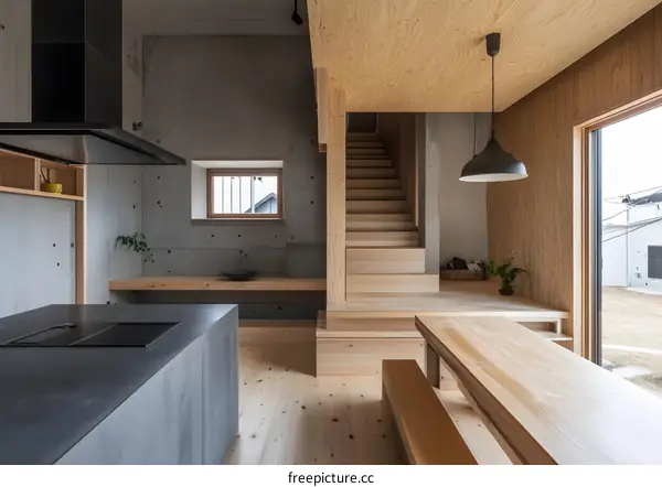 Modern Minimalist Kitchen and Dining Area with Wooden Staircase and Large Window