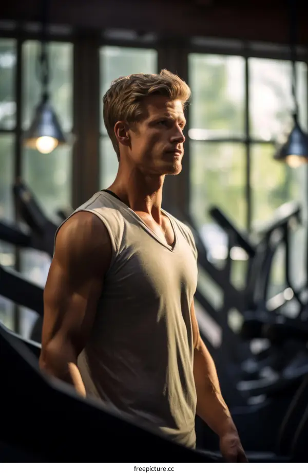 muscular man in a gray tank top standing in a gym