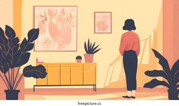 Woman Standing in a Living Room with Artwork and Plants