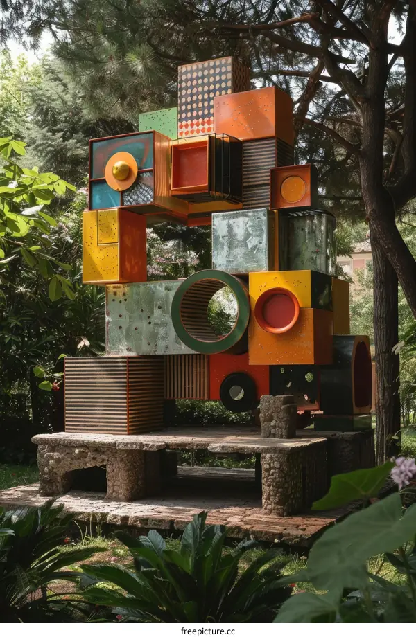 Colorful geometric shapes sculpture in a garden