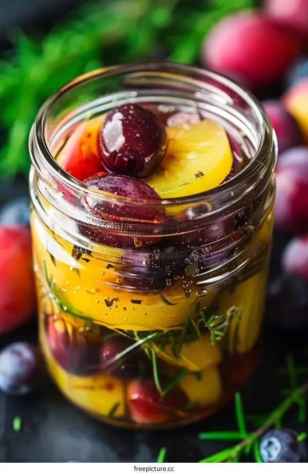 Close-up of Jar with Pickled Plums, Cherry Tomatoes and Rosemary