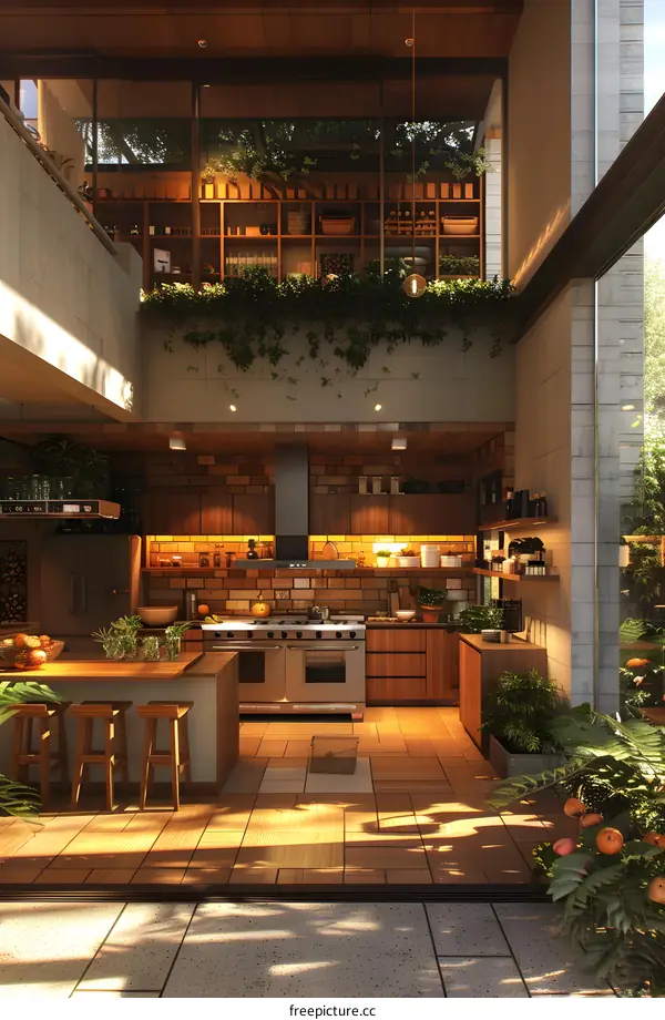 Modern Kitchen Design with Wooden Cabinets and Brick Wall