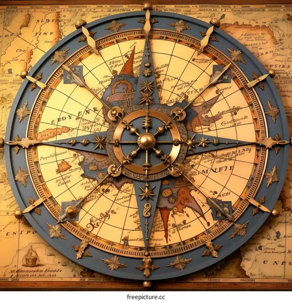 An illustration of an old compass with a blue background and gold and brown details.