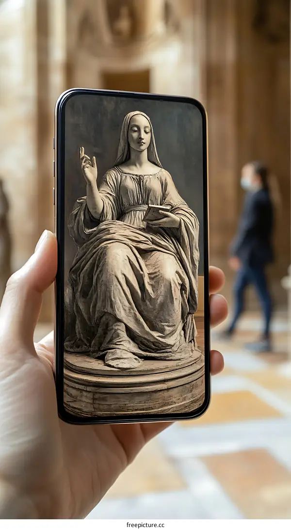Hand Holding Phone Showing Statue of Woman in Museum