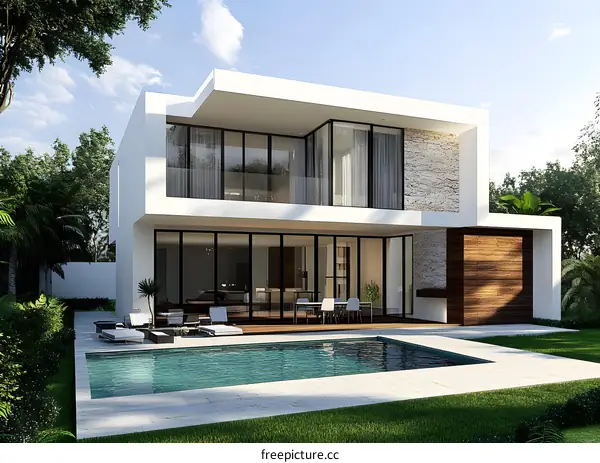 Modern White House with Swimming Pool and Backyard
