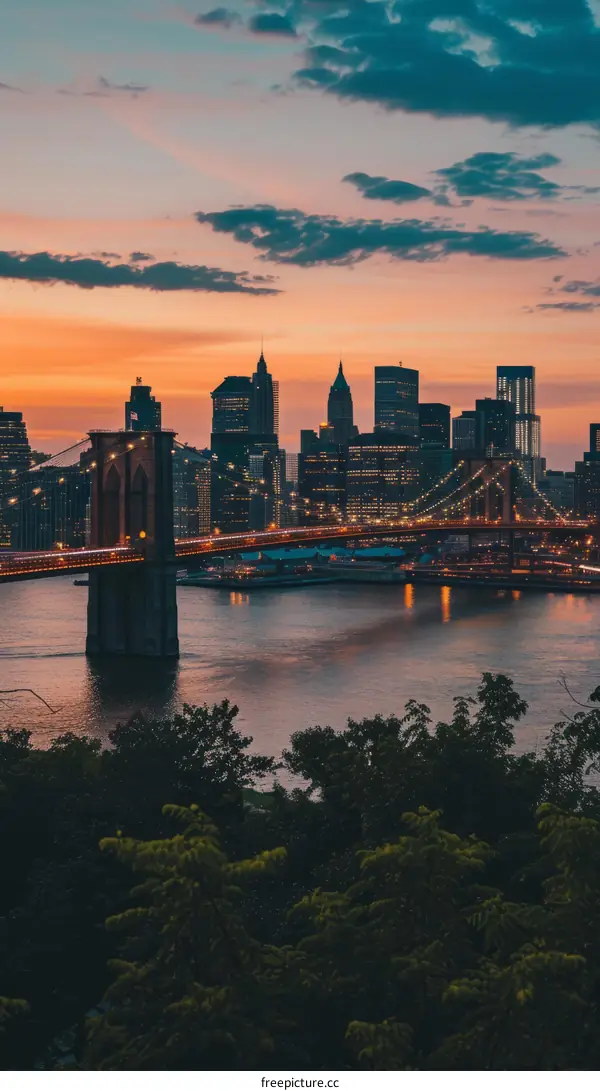 New York City skyline at sunset as seen from Brooklyn Heights