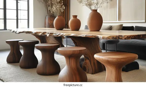 Wooden Dining Table and Stools in Modern Interior