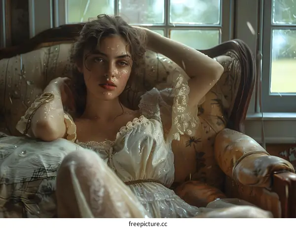 Portrait of a young woman in a white dress sitting in a chair in front of a window