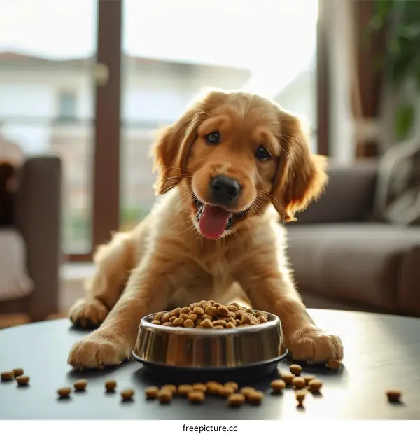 An adorable golden retriever puppy sits in front of a bowl of food