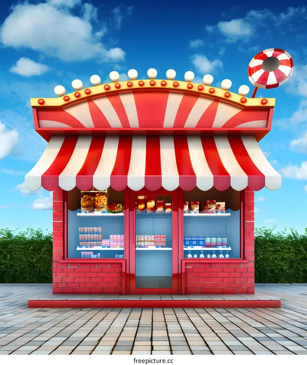 Red Brick Shop with Striped Awning and Candy Sign