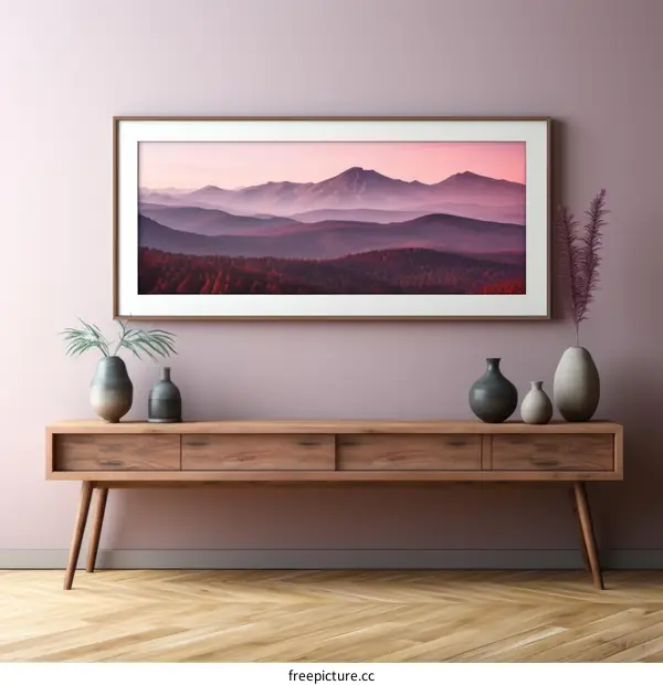 The setting sun casts a pink hue on the mountain landscape framed on the wall above a mid-century modern credenza