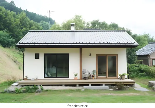 Modern White House with a Wooden Deck and Green Grass