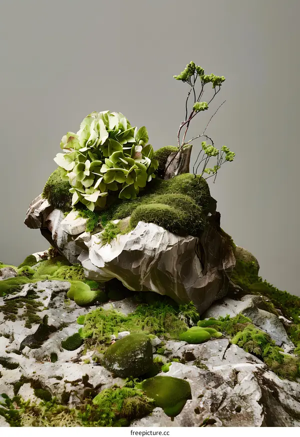 Green Moss Covered Rock with Small Plants