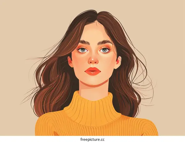 A beautiful young woman with long brown hair and blue eyes wearing a yellow turtleneck sweater