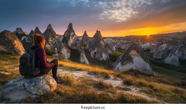 Woman Hiking in Cappadocia Sunrise Landscape