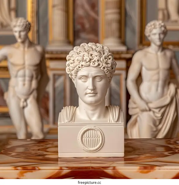 Marble Bust of a Man with Curly Hair in a Museum Setting
