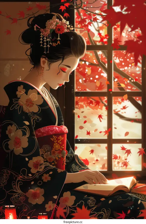 A woman in a kimono is reading a book by the window