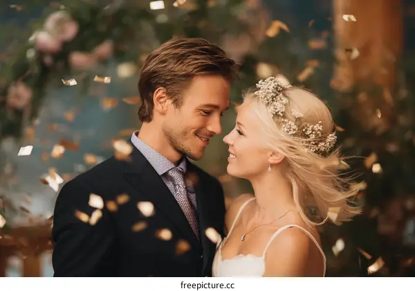 Couple Celebrating Wedding with Confetti
