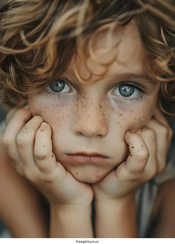 Portrait of a boy with freckles and green eyes