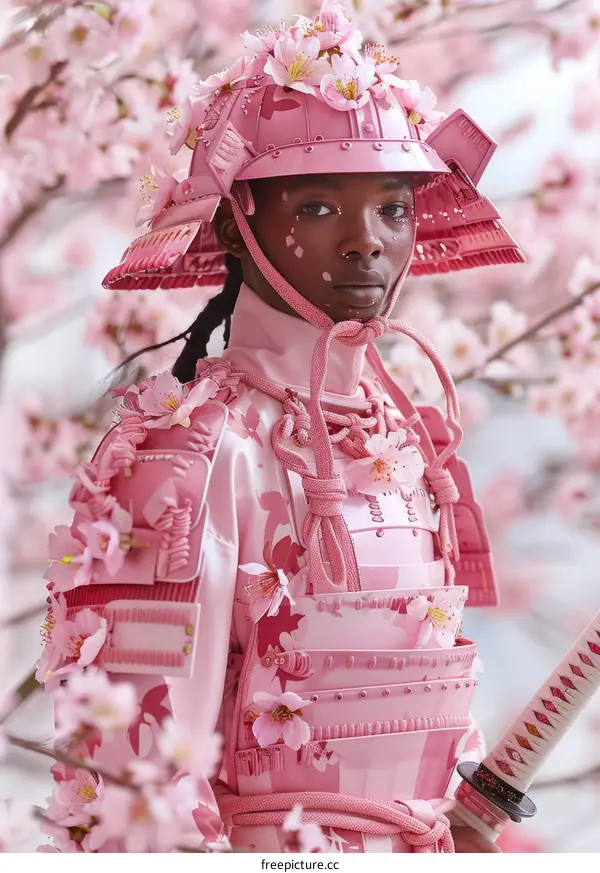 Black Woman Samurai Warrior in Pink Armor Under Cherry Blossoms