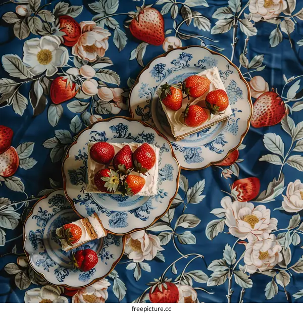 Table full of strawberry cakes and plates