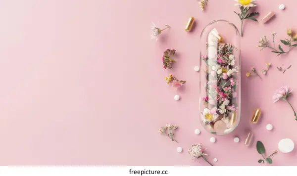 Close-up image of pills and flowers