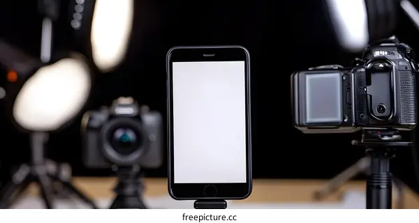 Blank Smartphone Screen with Camera Equipment in the Background