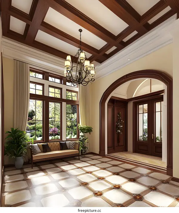 Elegant Entryway with Wooden Beams and Chandelier