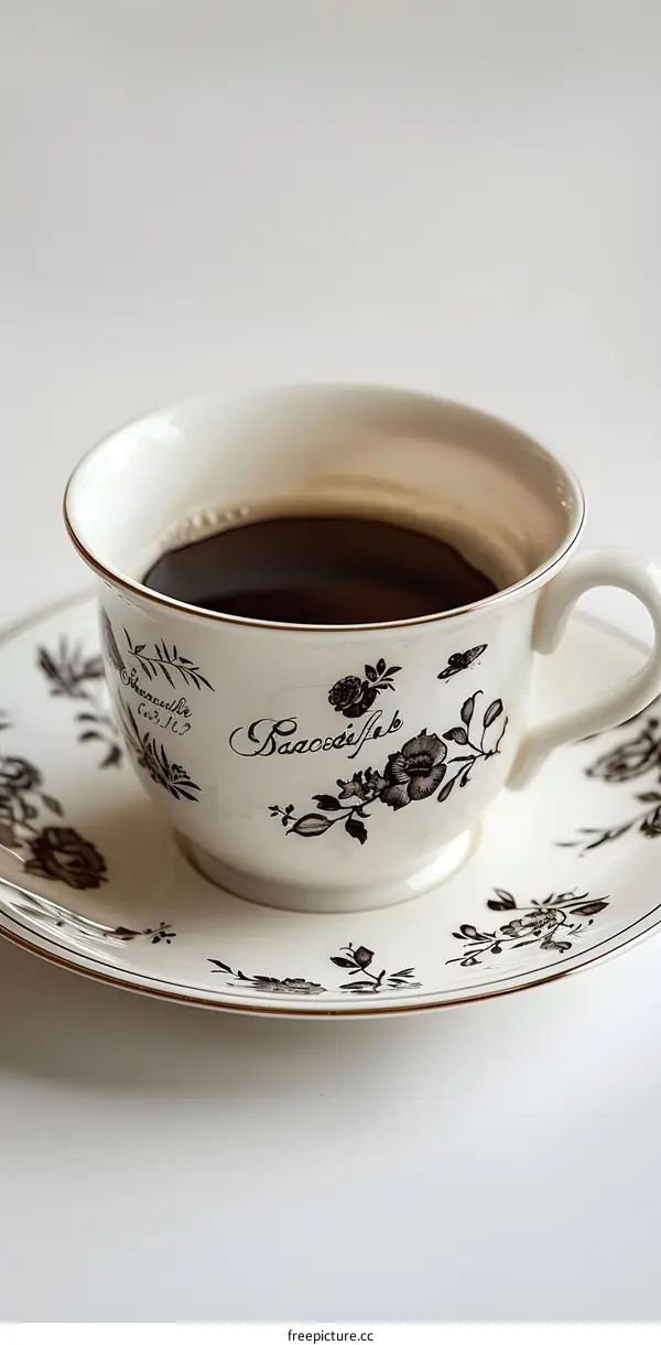 Black coffee in a patterned cup and saucer
