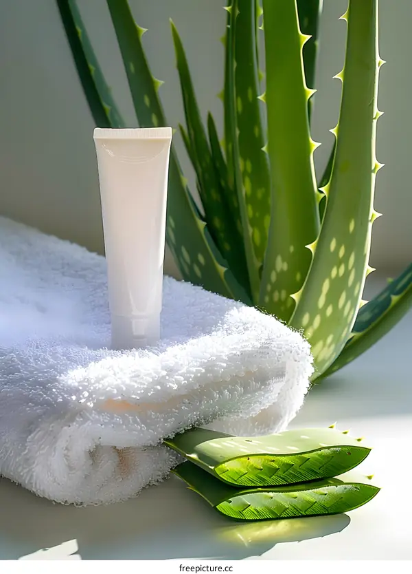 Aloe Vera Gel Tube with Towel and Aloe Vera Leaves