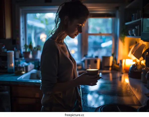 A woman is holding a cup of coffee in the kitchen
