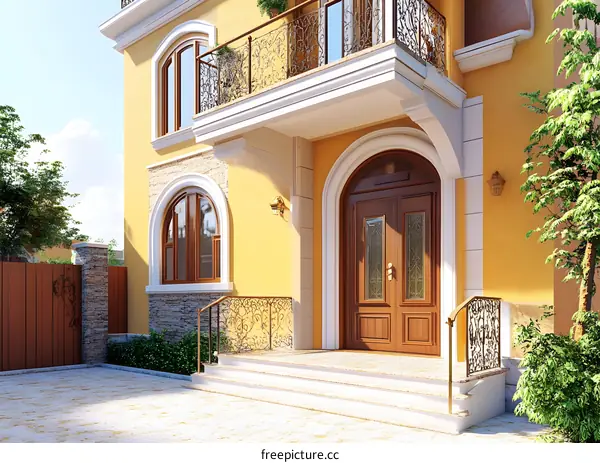 Luxury Yellow House with Brown Door and Balcony