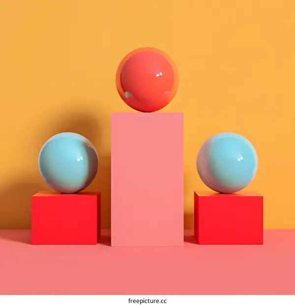 Abstract 3D Geometric Shapes with Colorful Balls on a Yellow Background