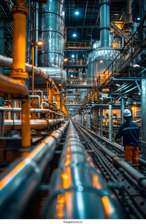 Oil and gas production platform with a worker inspecting the pipelines
