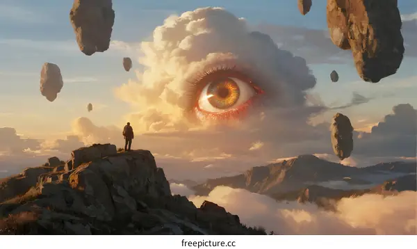 A Person Standing on a Mountain Top with Floating Rocks and a Cloud Eye