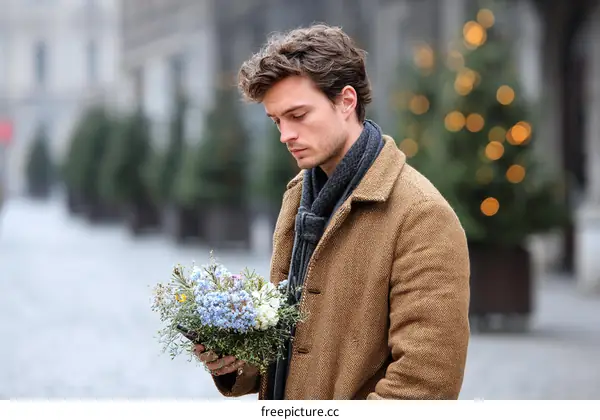 Man with Flowers in a City Setting