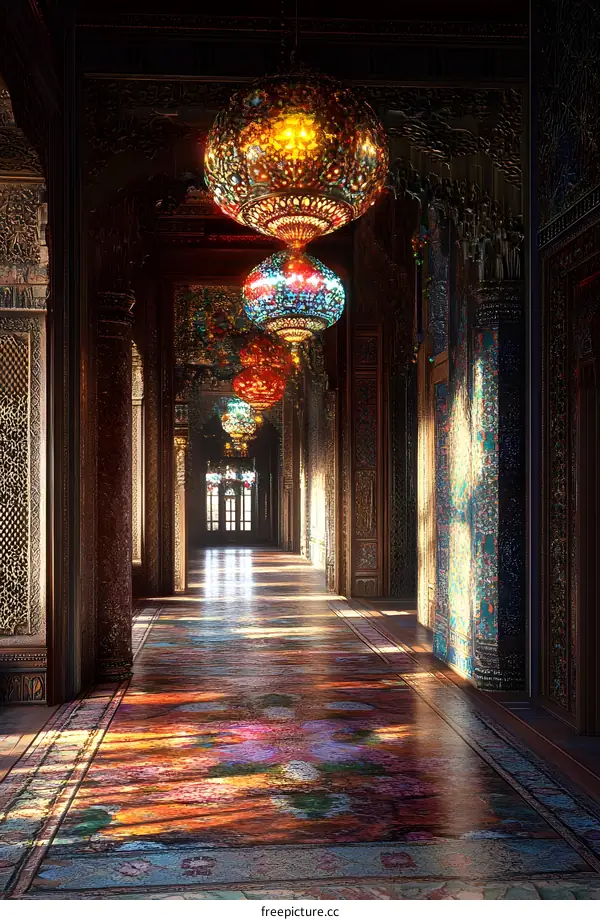 Ornate Interior Hallway with Mosaic Lanterns