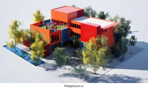 Modern Red Building with Green Roof and Trees