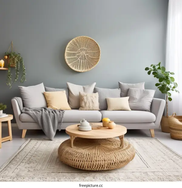 A cozy living room with a gray couch and a coffee table