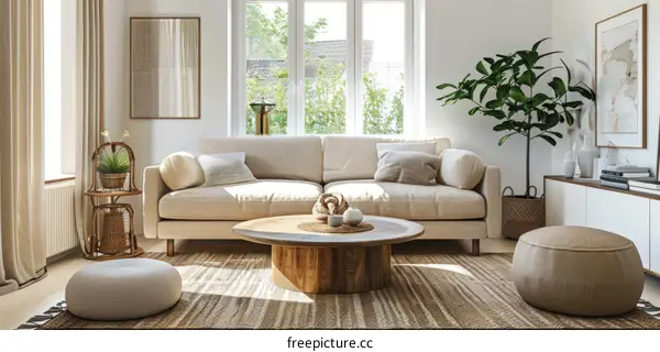 Bright living room with large windows and a comfortable sofa
