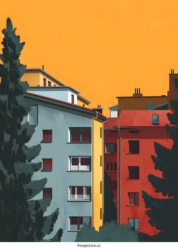 Colorful Illustration of Apartment Buildings in Europe