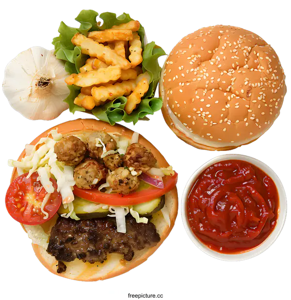 [Transparent Background PNG]Close Up Of Hamburger Ingredients On White Background